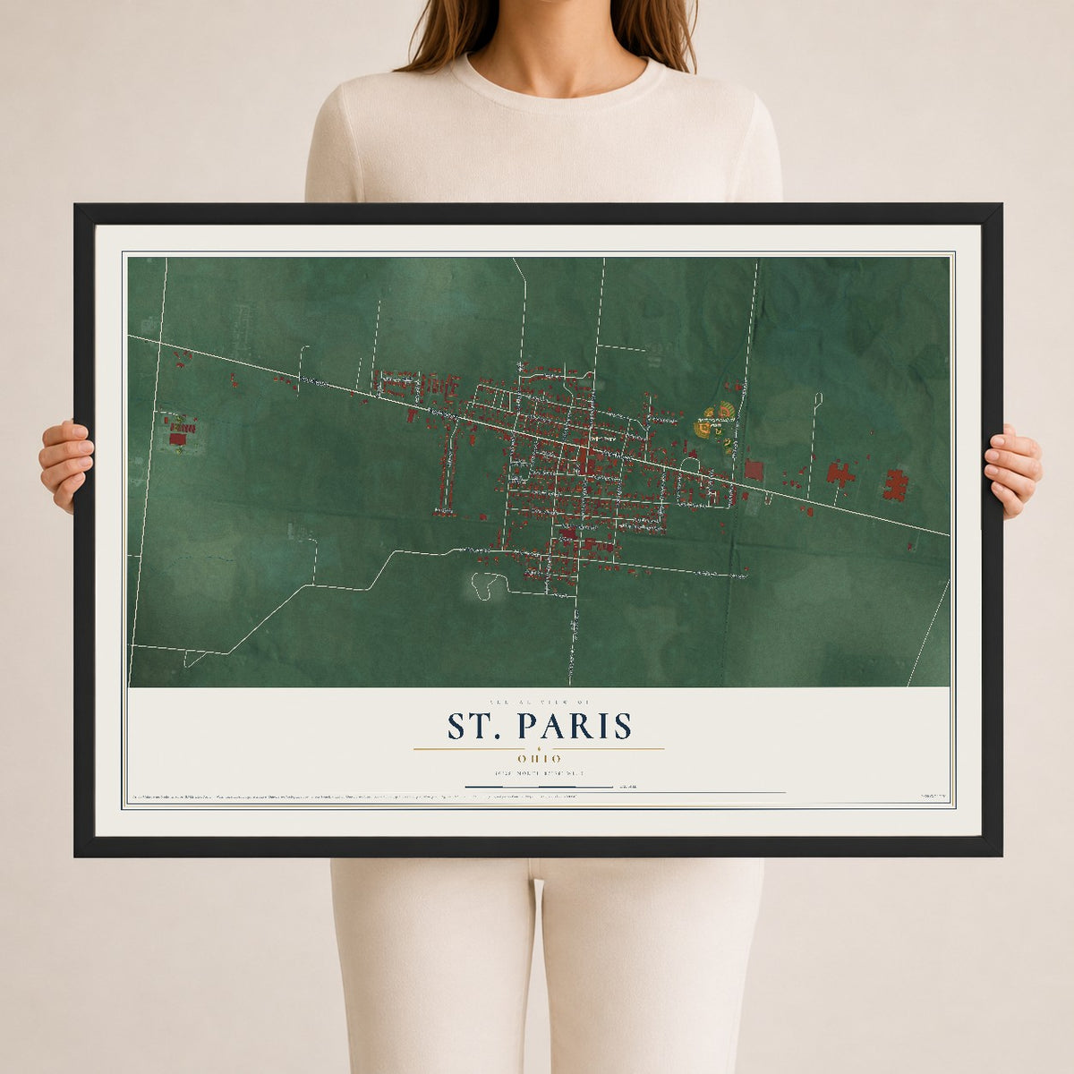 Map of St. Paris, Ohio, 24 x 36 inch print in a black wood frame