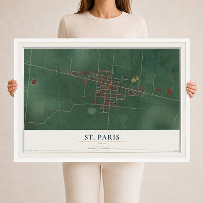 Map of St. Paris, Ohio, 24 x 36 inch print in a white wood frame