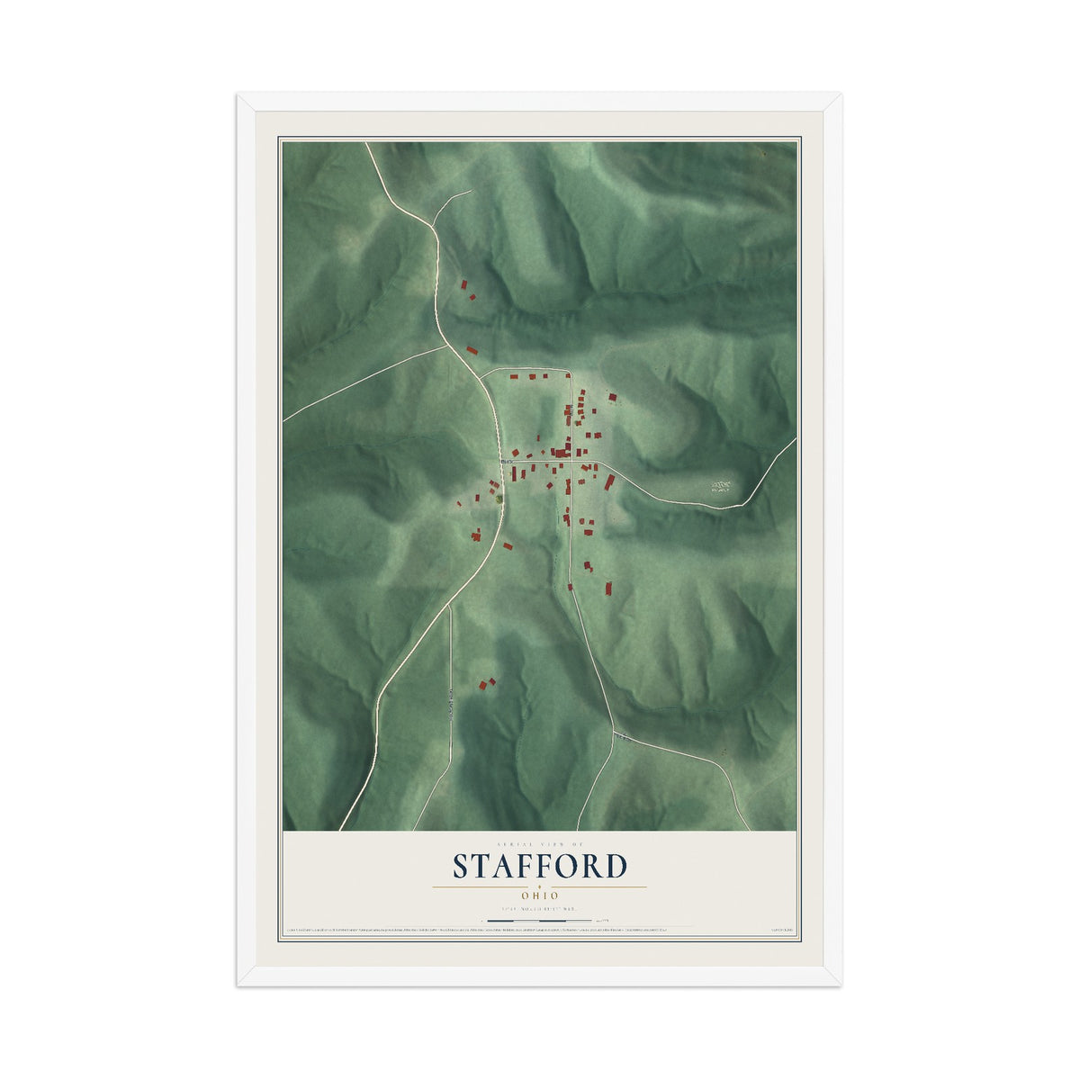 Map of Stafford, Ohio, 12 x 18 inch print in a white wood frame