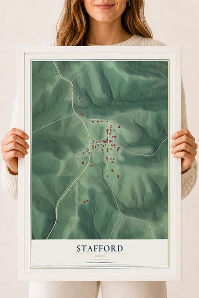 Map of Stafford, Ohio, 18 x 24 inch print in a white wood frame