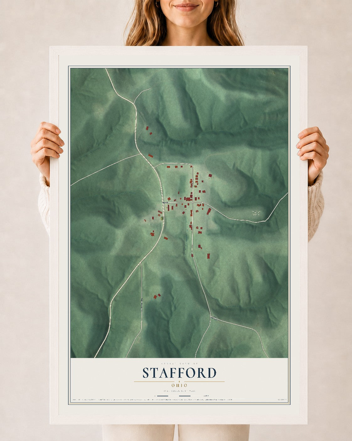 Map of Stafford, Ohio, 24 x 36 inch print in a white wood frame