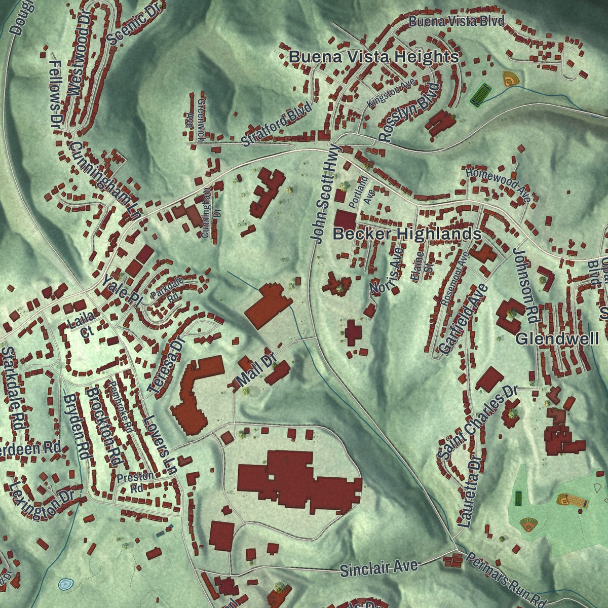 Close-up of the map of Steubenville, Ohio print showing street and building detail