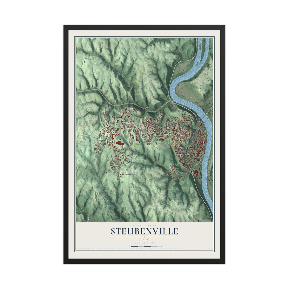 Map of Steubenville, Ohio, 12 x 18 inch print in a black wood frame