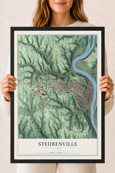 Map of Steubenville, Ohio, 18 x 24 inch print in a black wood frame