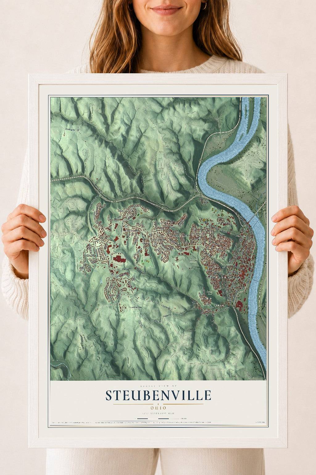 Map of Steubenville, Ohio, 18 x 24 inch print in a white wood frame