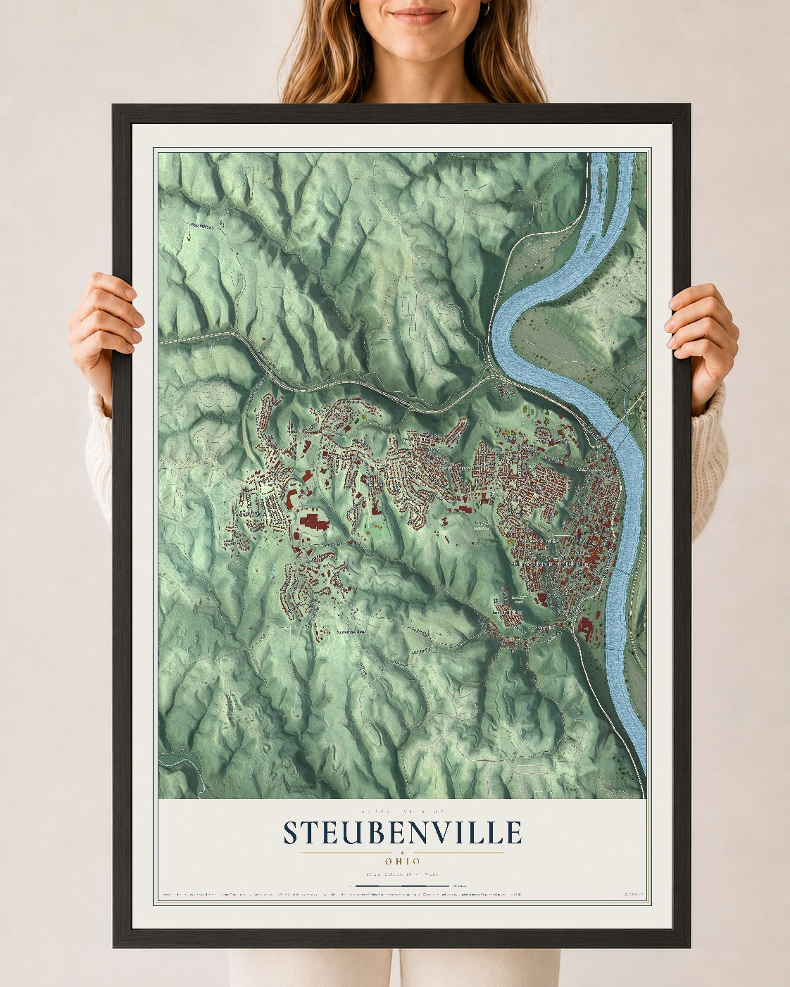 Map of Steubenville, Ohio, 24 x 36 inch print in a black wood frame