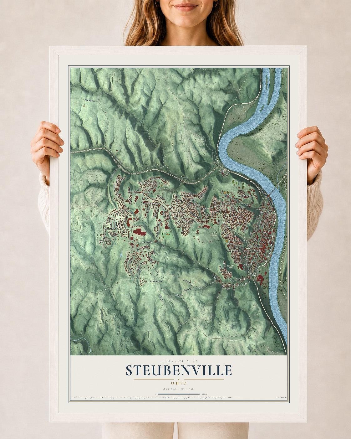 Map of Steubenville, Ohio, 24 x 36 inch print in a white wood frame