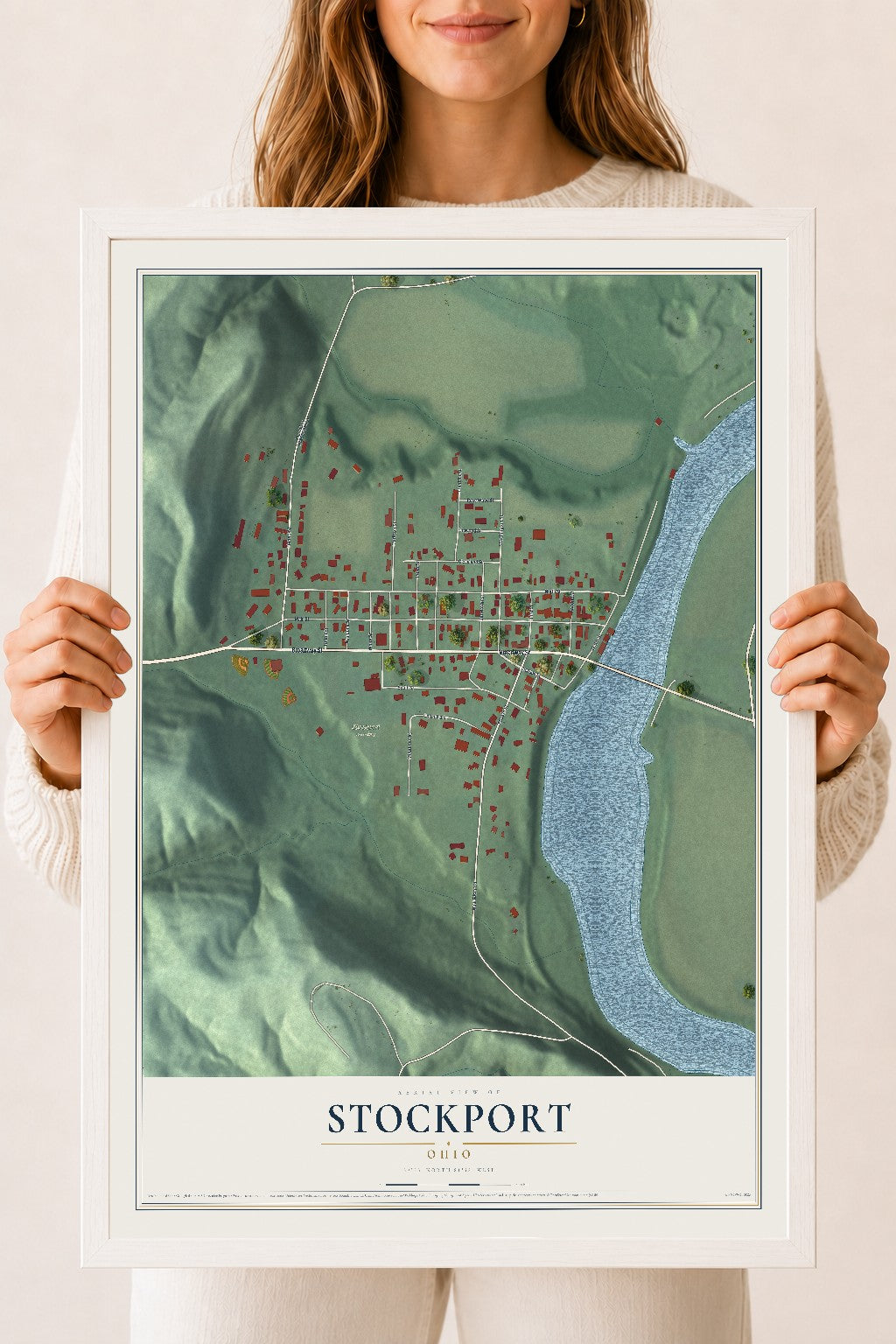 Map of Stockport, Ohio, 18 x 24 inch print in a white wood frame