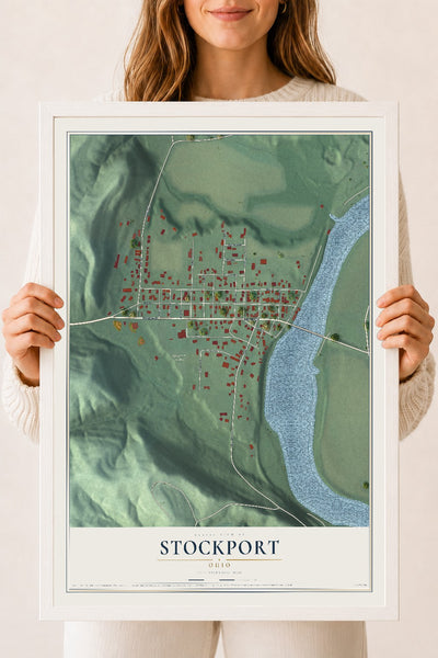 Map of Stockport, Ohio, 18 x 24 inch print in a white wood frame
