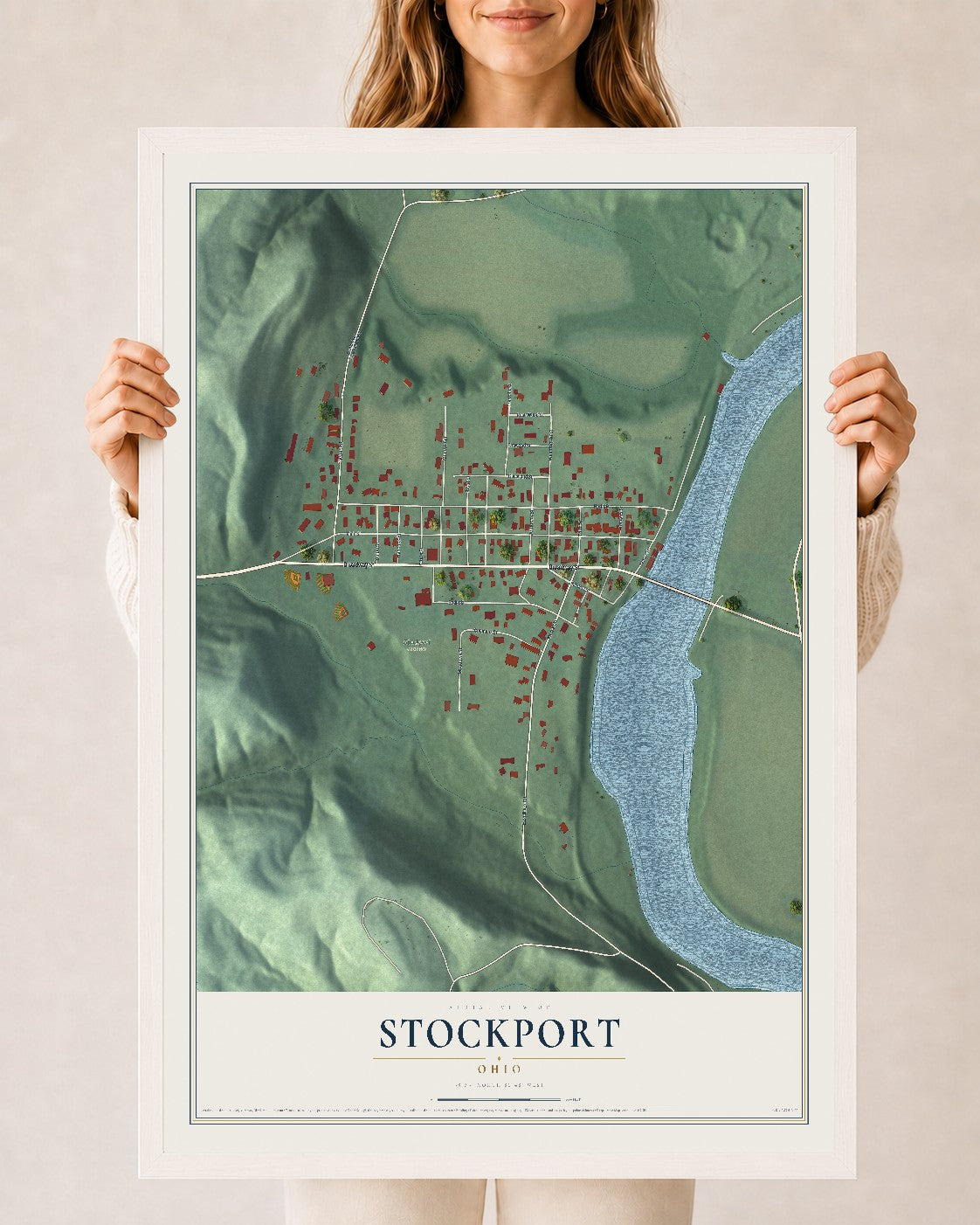 Map of Stockport, Ohio, 24 x 36 inch print in a white wood frame