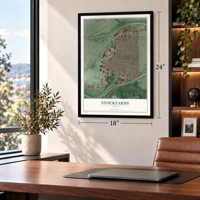 Stockyards, Ohio map, 18 x 24 inch print in a black frame in a home office