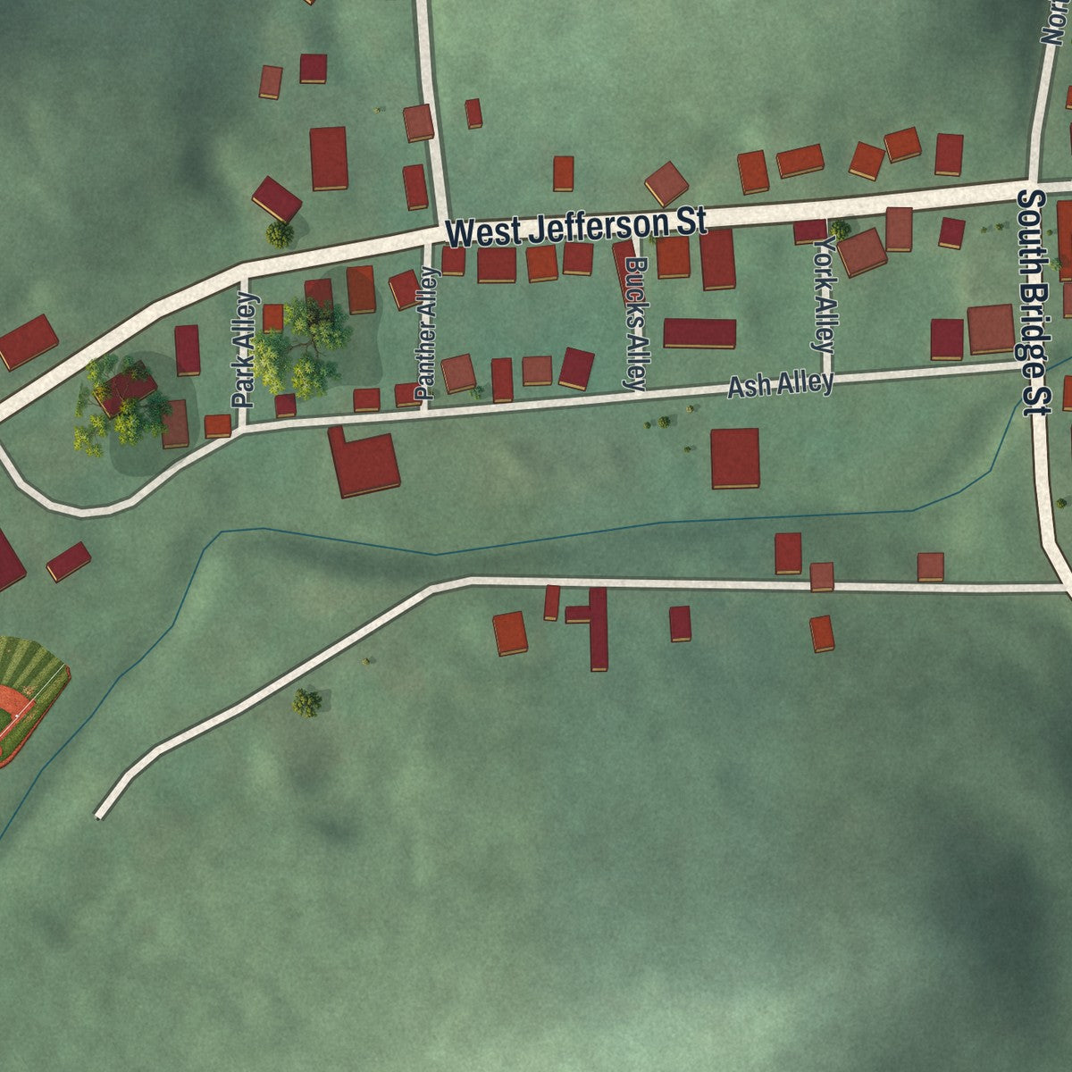Second close-up of the map of Stone Creek, Ohio print showing more streets and buildings