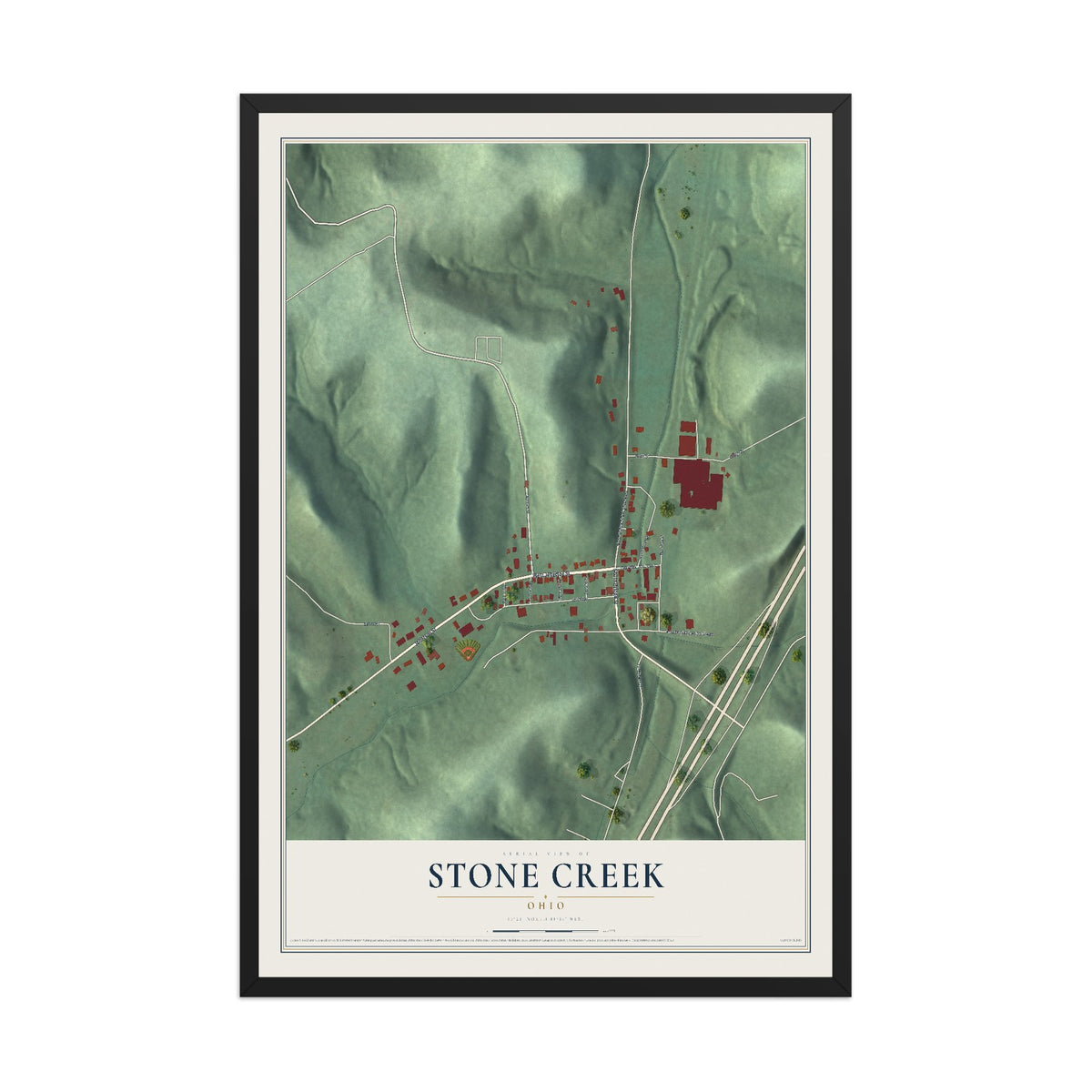 Map of Stone Creek, Ohio, 12 x 18 inch print in a black wood frame