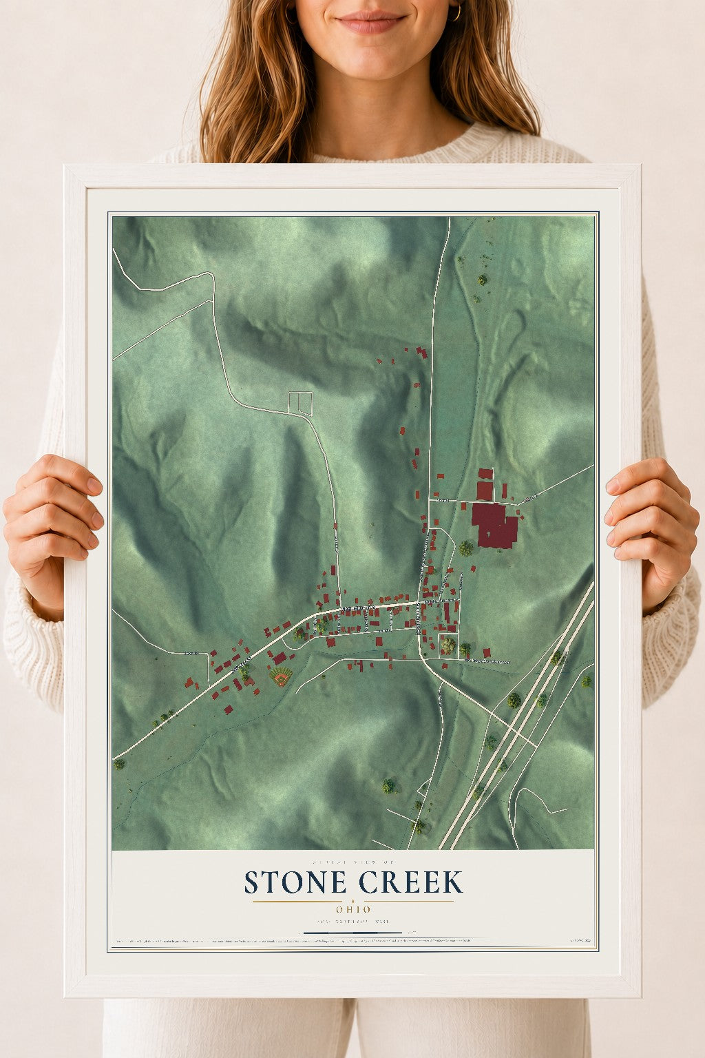 Map of Stone Creek, Ohio, 18 x 24 inch print in a white wood frame