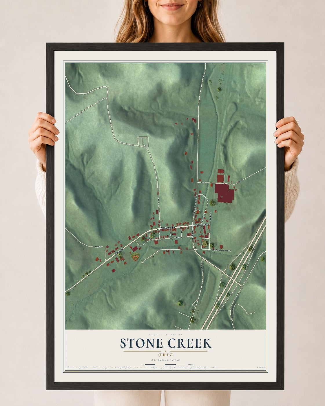 Map of Stone Creek, Ohio, 24 x 36 inch print in a black wood frame