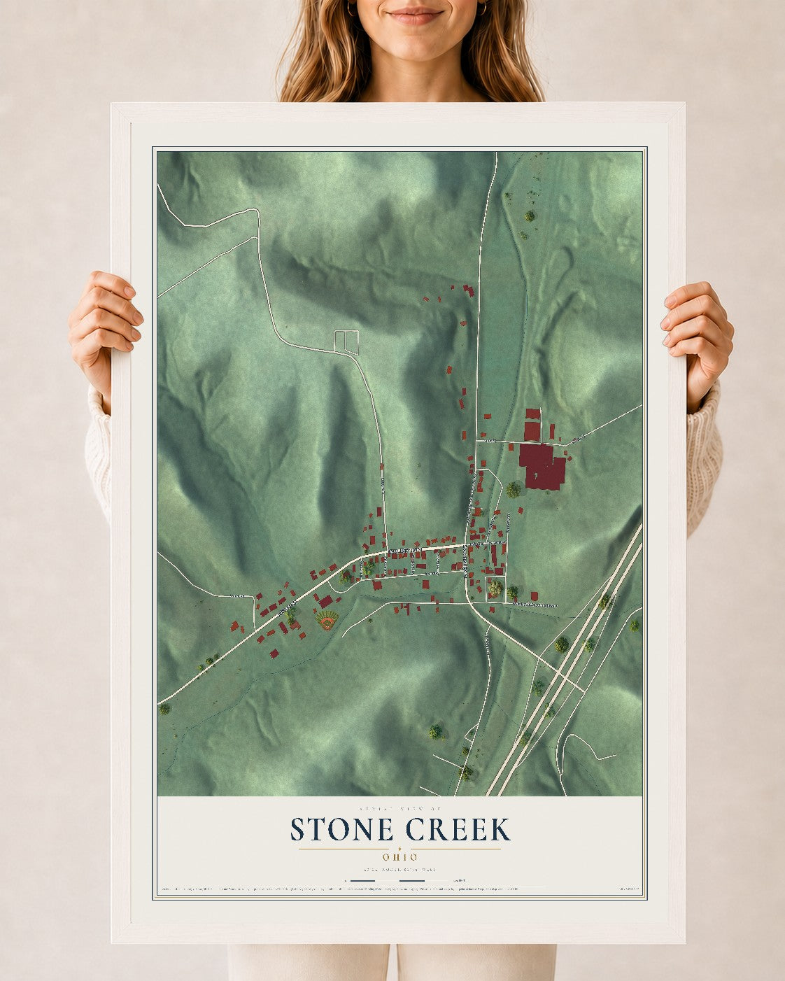 Map of Stone Creek, Ohio, 24 x 36 inch print in a white wood frame
