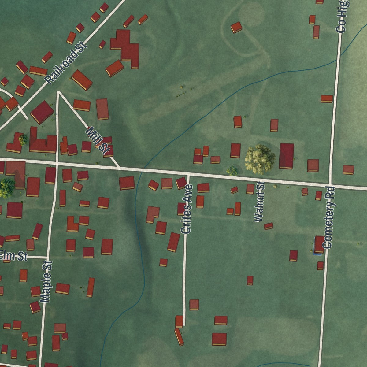 Close-up of the map of Stoutsville, Ohio print showing street and building detail