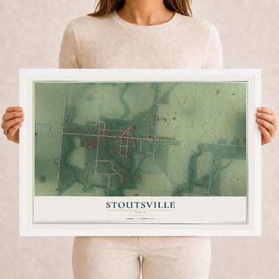 Map of Stoutsville, Ohio, 12 x 18 inch print in a white wood frame