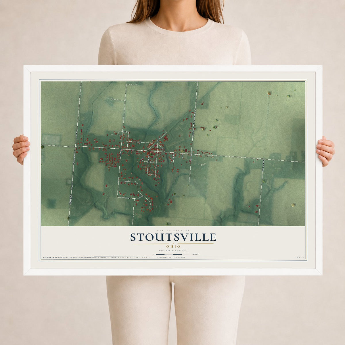 Map of Stoutsville, Ohio, 24 x 36 inch print in a white wood frame
