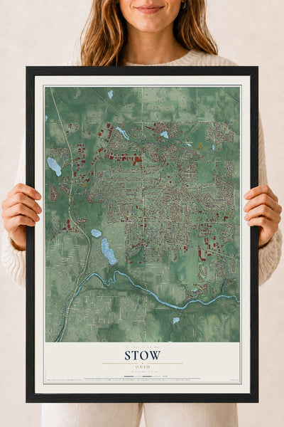 Map of Stow, Ohio, 18 x 24 inch print in a black wood frame