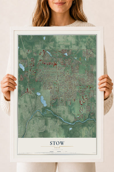 Map of Stow, Ohio, 18 x 24 inch print in a white wood frame