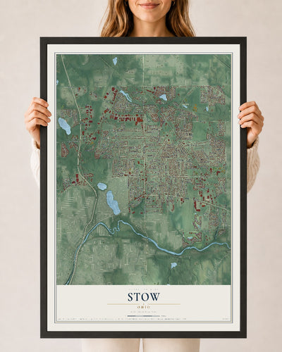 Map of Stow, Ohio, 24 x 36 inch print in a black wood frame