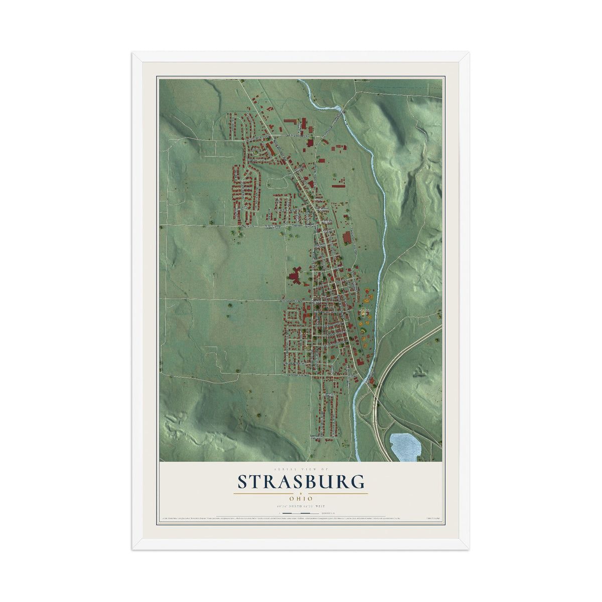 Map of Strasburg, Ohio, 12 x 18 inch print in a white wood frame