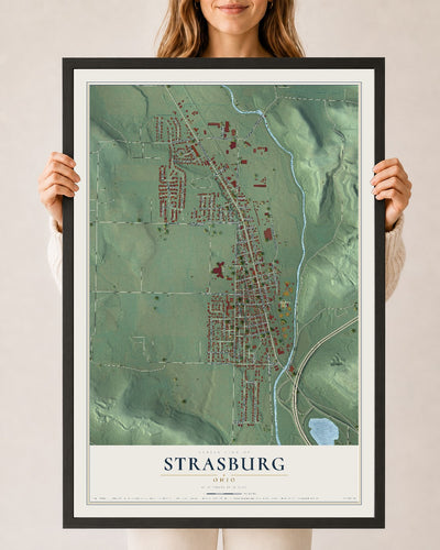 Map of Strasburg, Ohio, 24 x 36 inch print in a black wood frame