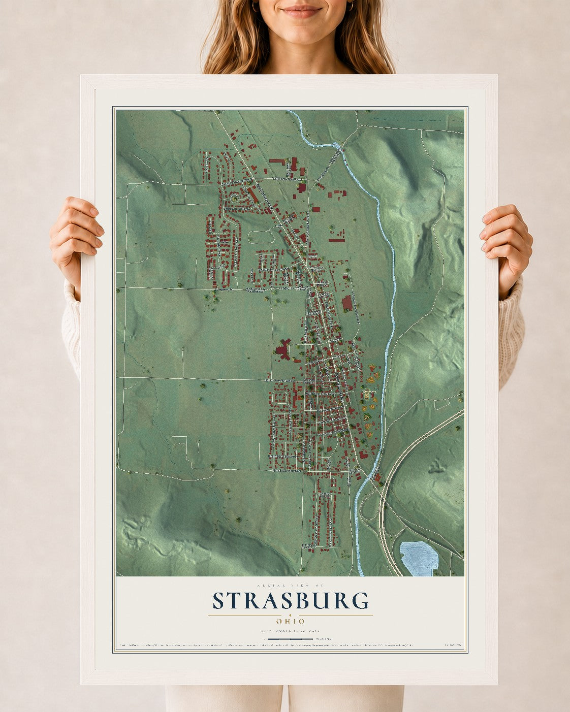 Map of Strasburg, Ohio, 24 x 36 inch print in a white wood frame