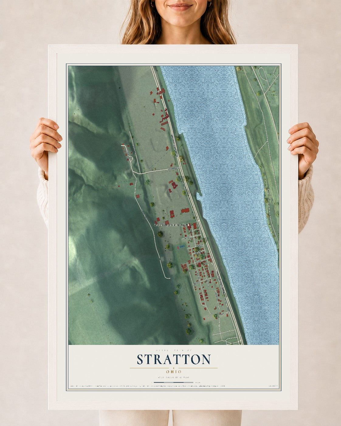Map of Stratton, Ohio, 24 x 36 inch print in a white wood frame