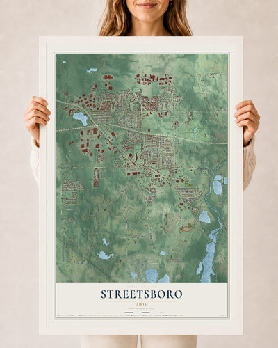Map of Streetsboro, Ohio, 24 x 36 inch print in a white wood frame