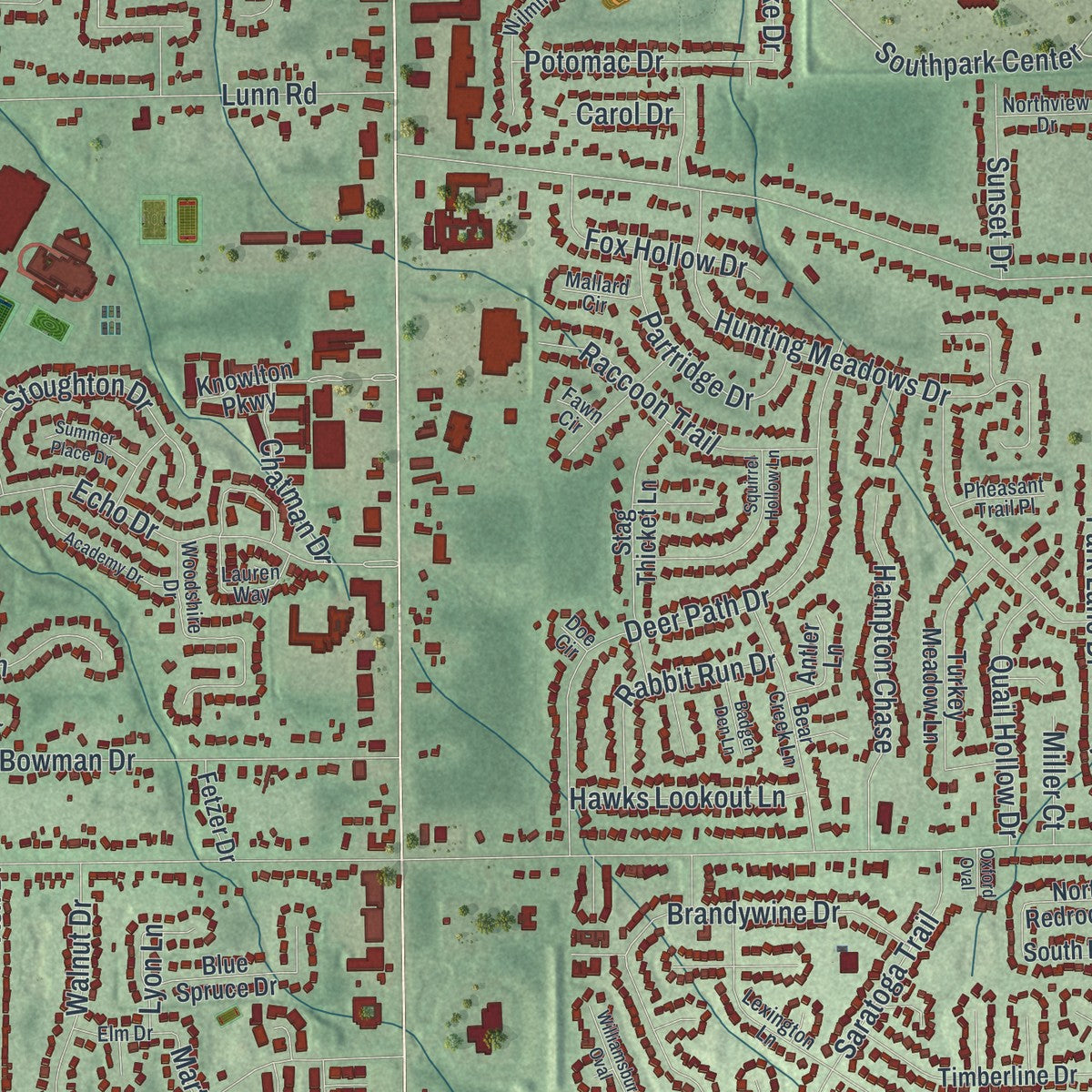 Close-up of the map of Strongsville, Ohio print showing street and building detail