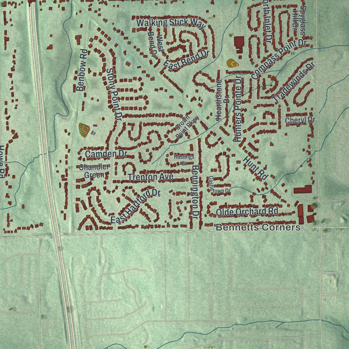 Second close-up of the map of Strongsville, Ohio print showing more streets and buildings