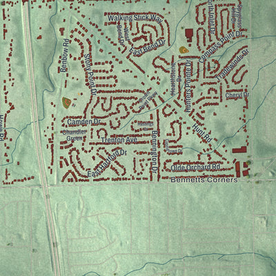 Second close-up of the map of Strongsville, Ohio print showing more streets and buildings