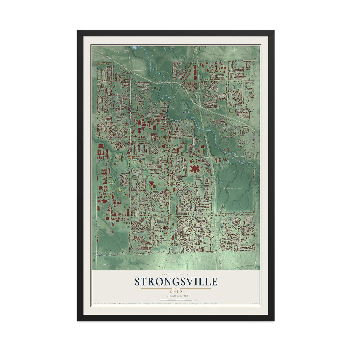 Map of Strongsville, Ohio, 12 x 18 inch print in a black wood frame