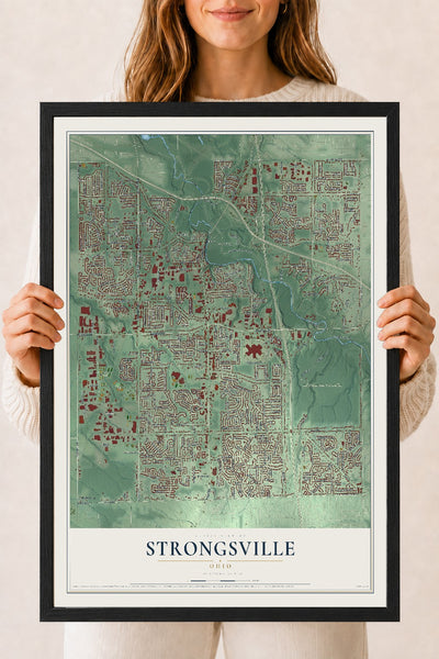 Map of Strongsville, Ohio, 18 x 24 inch print in a black wood frame