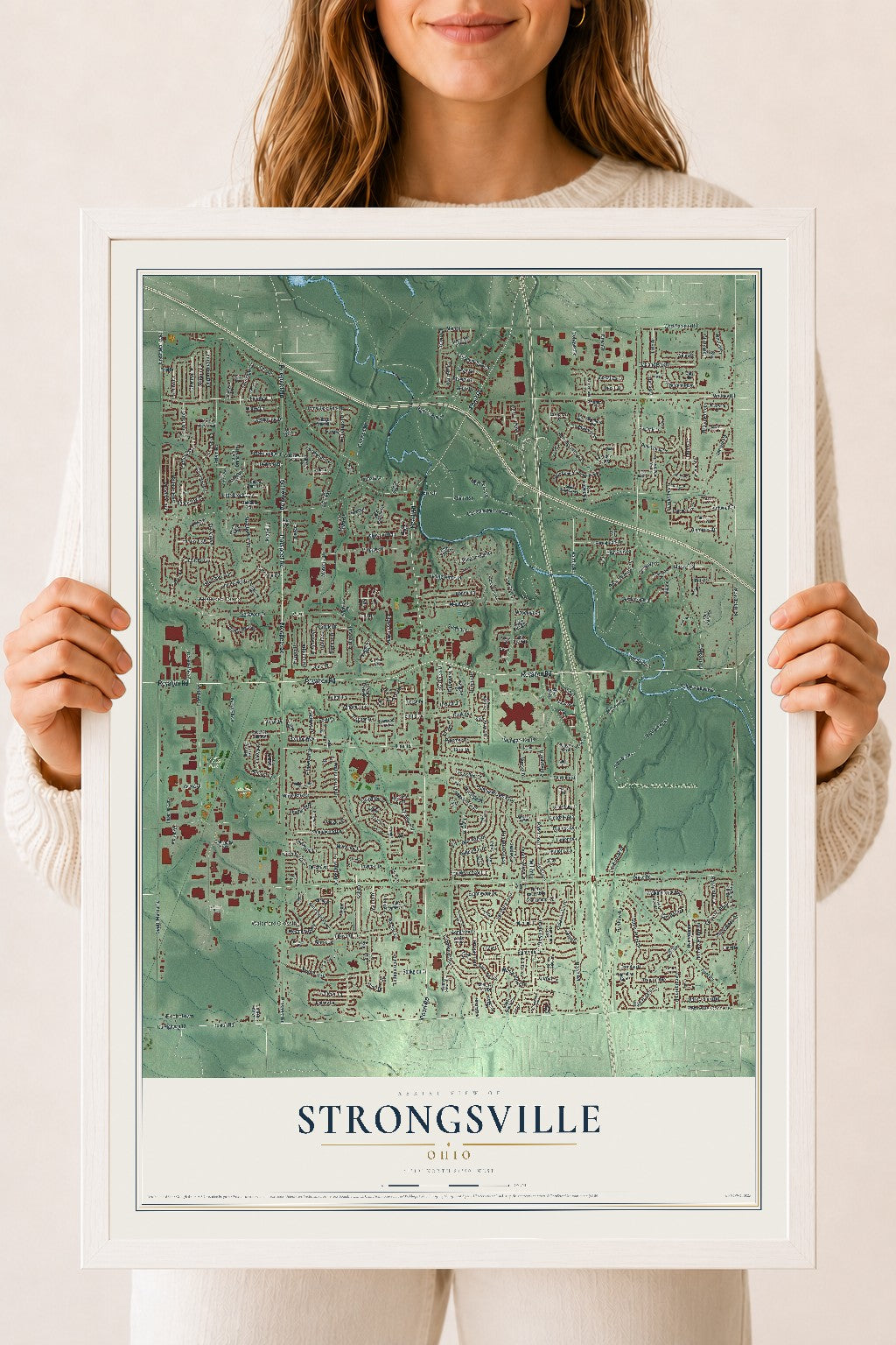 Map of Strongsville, Ohio, 18 x 24 inch print in a white wood frame