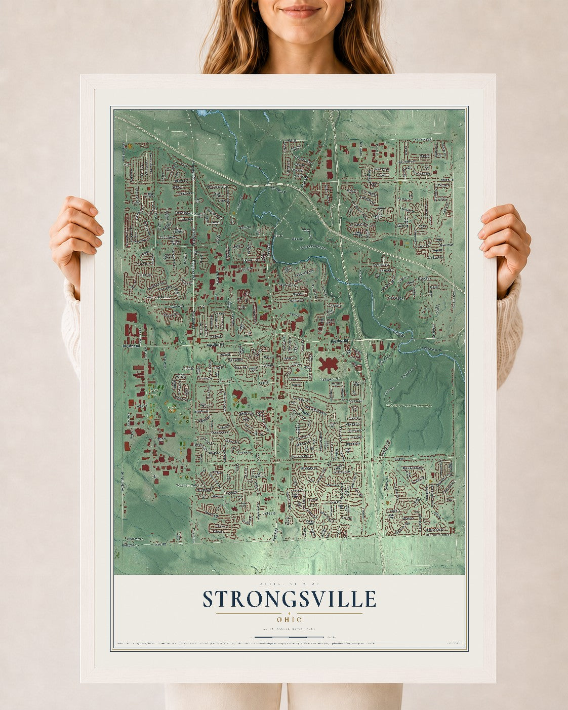 Map of Strongsville, Ohio, 24 x 36 inch print in a white wood frame