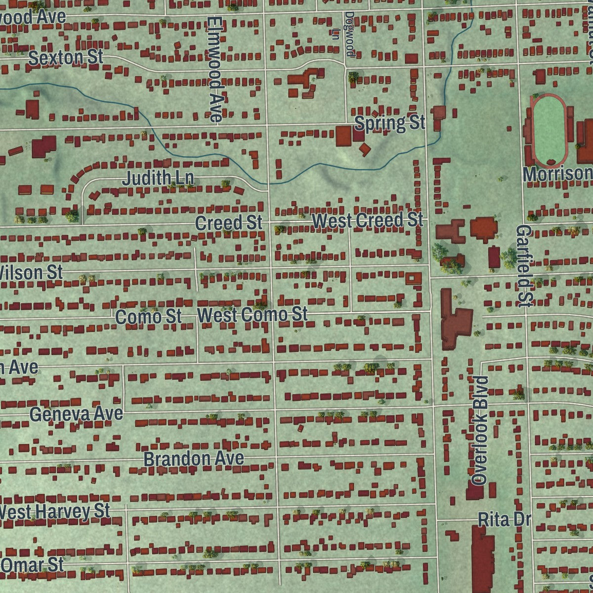 Close-up of the map of Struthers, Ohio print showing street and building detail