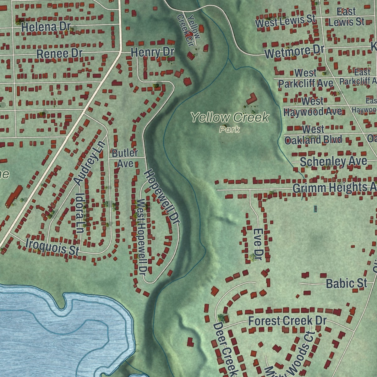 Second close-up of the map of Struthers, Ohio print showing more streets and buildings