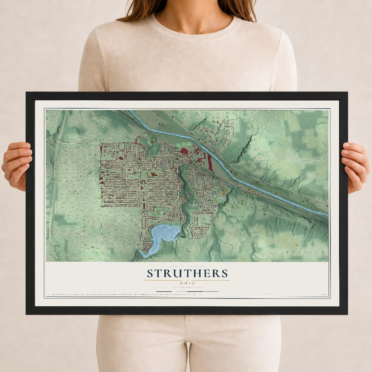 Map of Struthers, Ohio, 12 x 18 inch print in a black wood frame