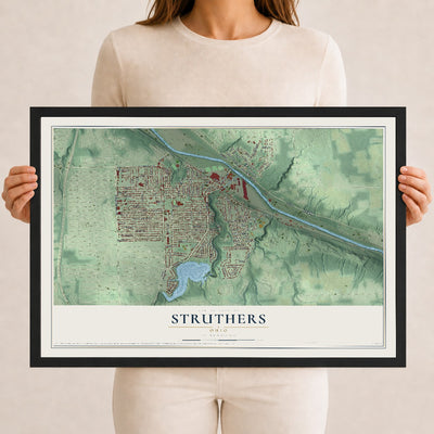Map of Struthers, Ohio, 12 x 18 inch print in a black wood frame