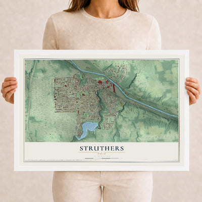 Map of Struthers, Ohio, 12 x 18 inch print in a white wood frame