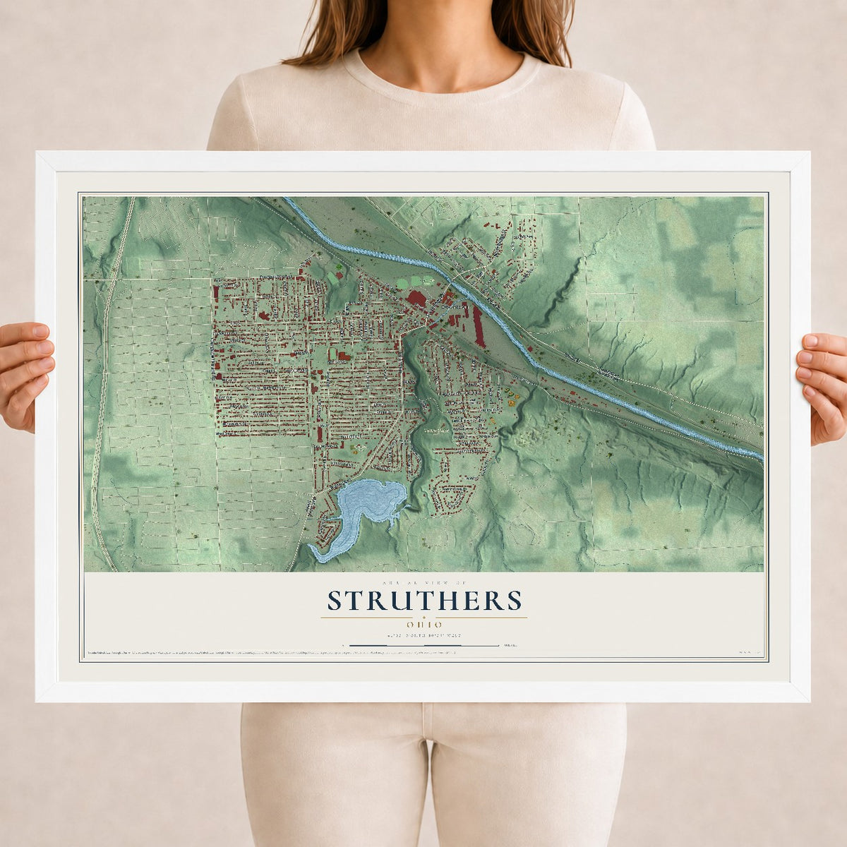Map of Struthers, Ohio, 18 x 24 inch print in a white wood frame