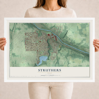 Map of Struthers, Ohio, 18 x 24 inch print in a white wood frame