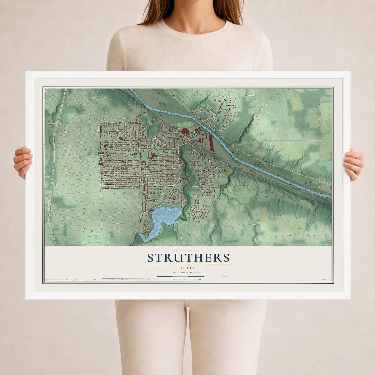 Map of Struthers, Ohio, 24 x 36 inch print in a white wood frame