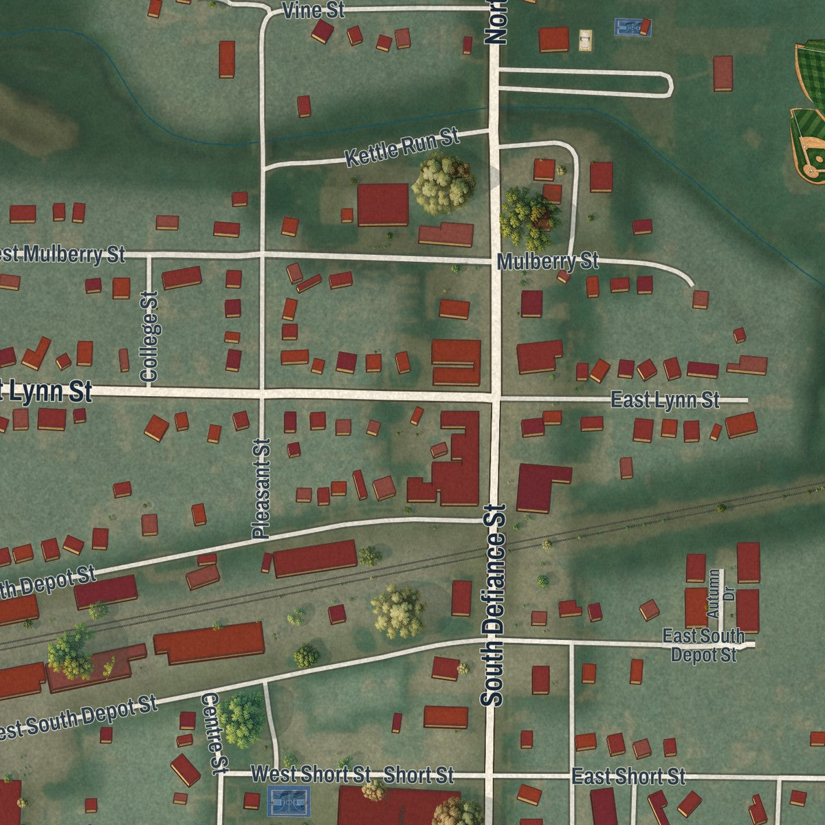Close-up of the map of Stryker, Ohio print showing street and building detail