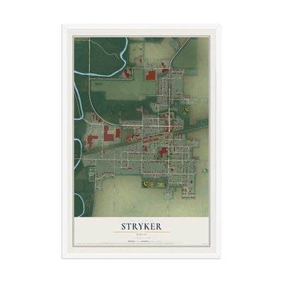 Map of Stryker, Ohio, 12 x 18 inch print in a white wood frame