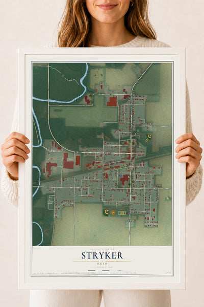 Map of Stryker, Ohio, 18 x 24 inch print in a white wood frame