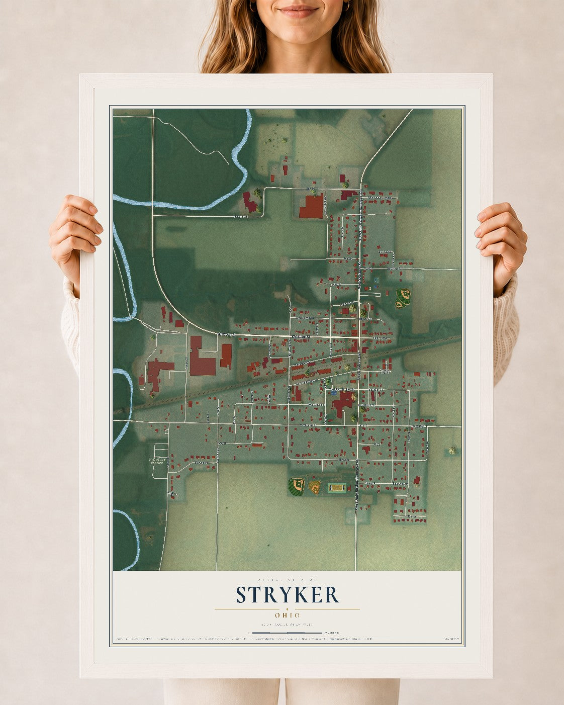 Map of Stryker, Ohio, 24 x 36 inch print in a white wood frame